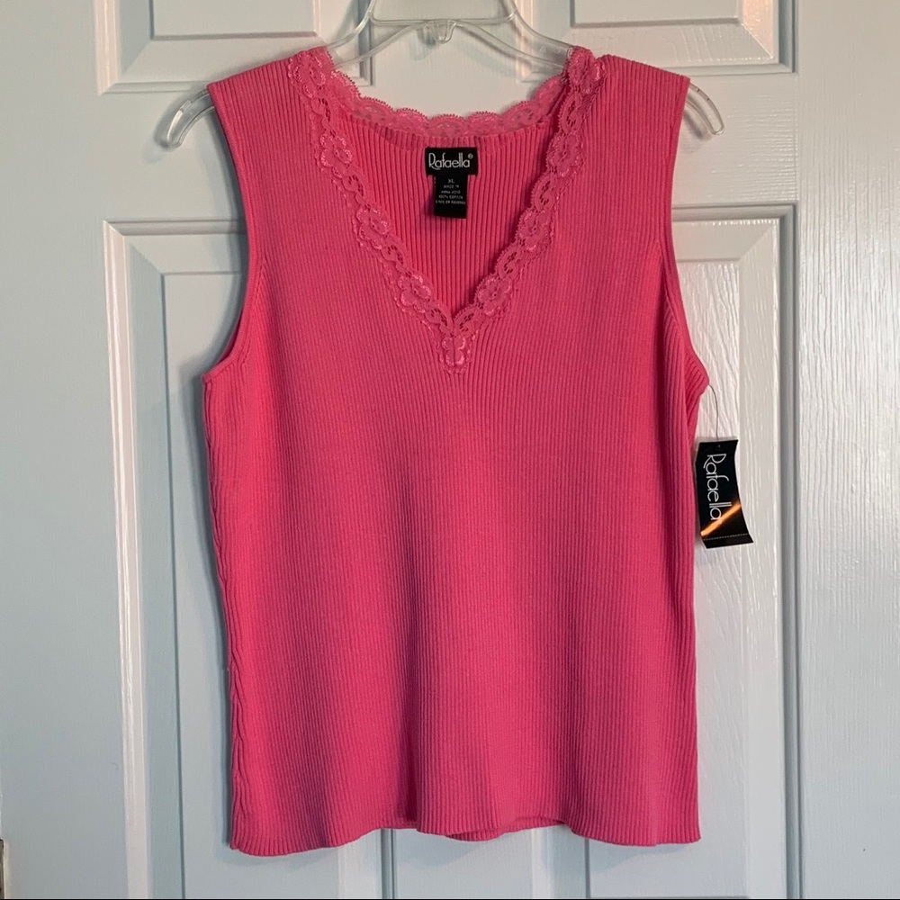 🟢 Rafaella 100% cotton sleeveless sweater top Pink new with tags Lace trim Vneck